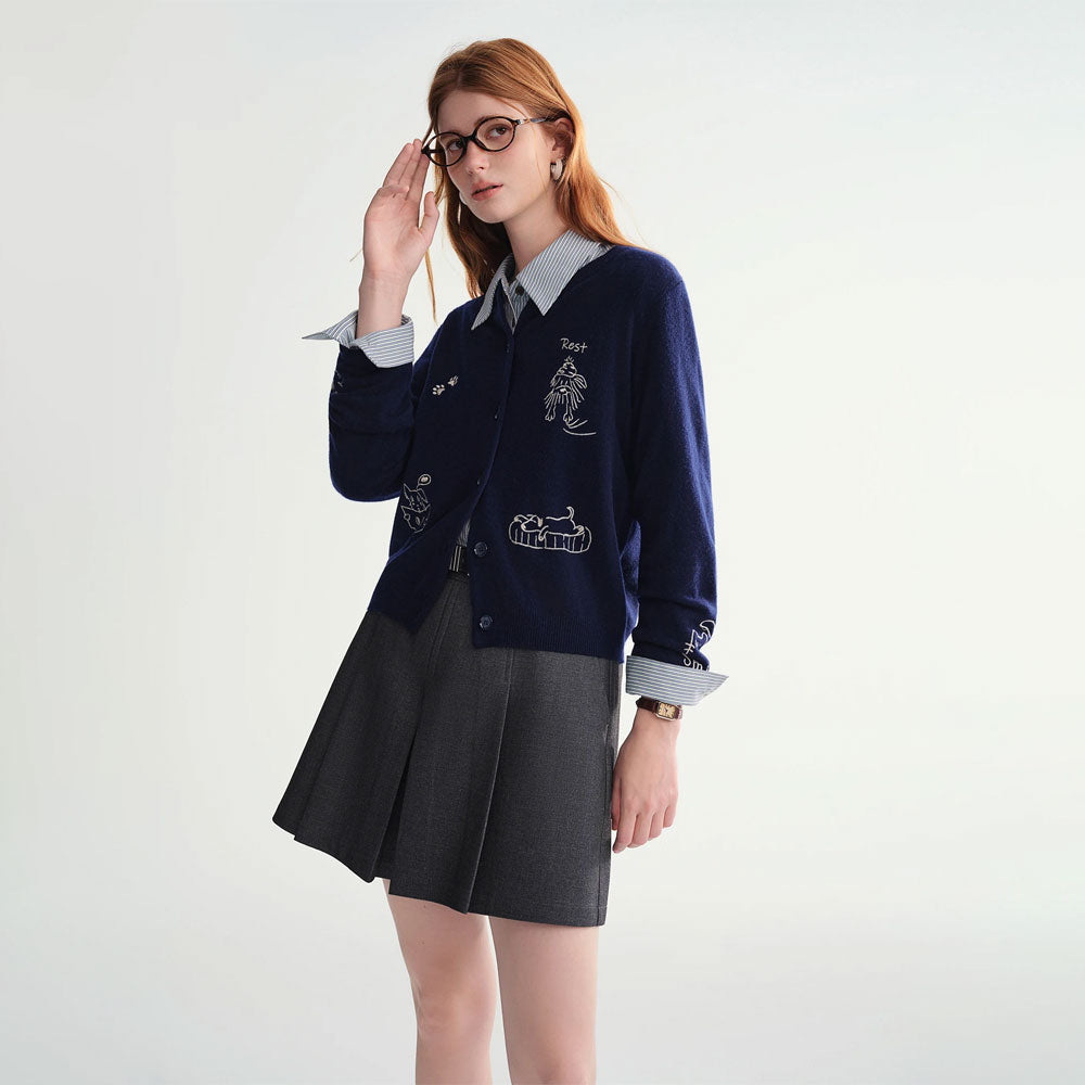 Pet-Motif Wool Knit Cardigan