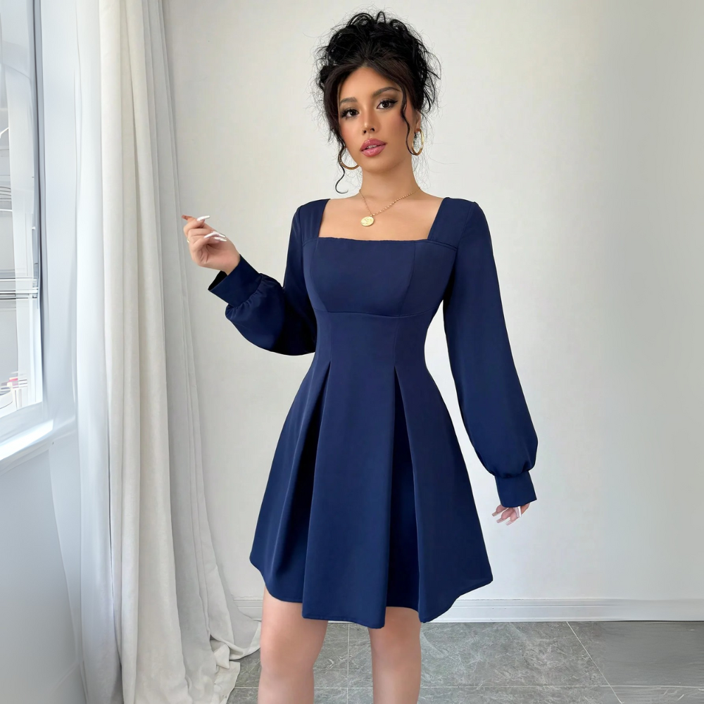 Square-Collar Waist-Cinched Long Sleeve Dress