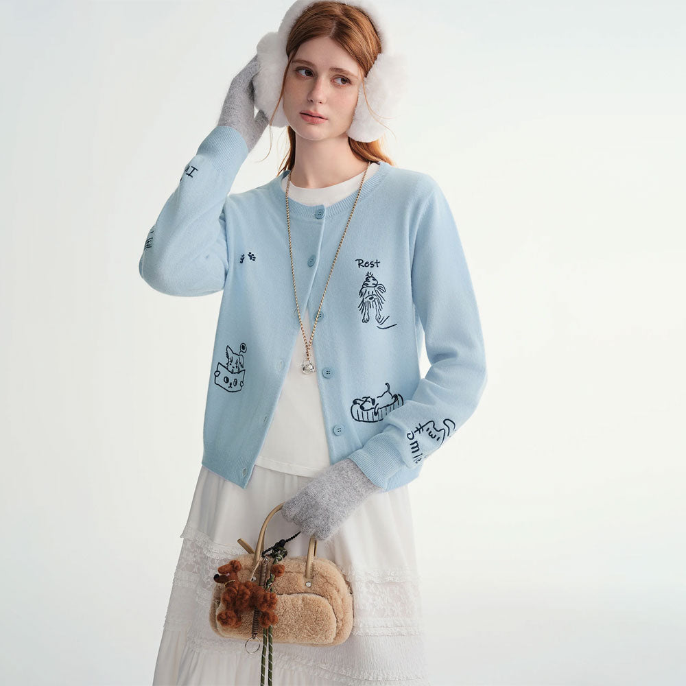 Pet-Motif Wool Knit Cardigan