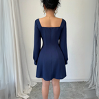 Square-Collar Waist-Cinched Long Sleeve Dress