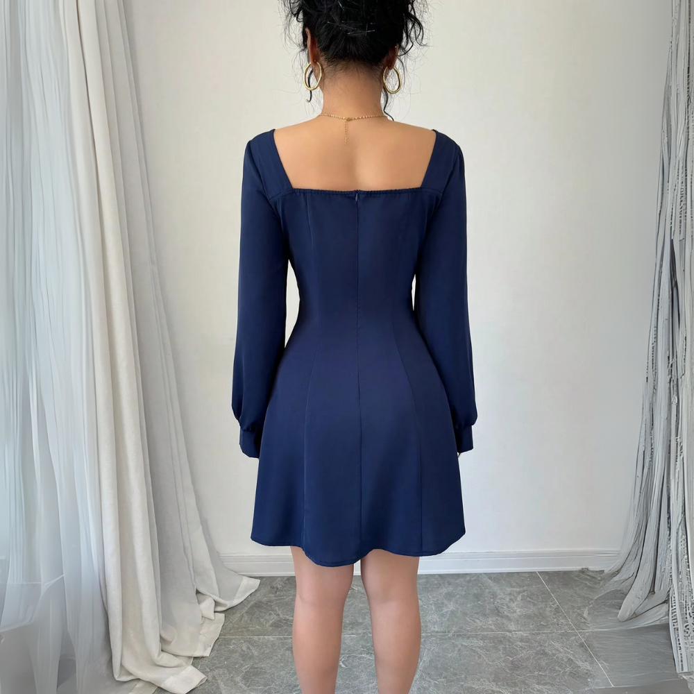 Square-Collar Waist-Cinched Long Sleeve Dress