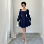 Square-Collar Waist-Cinched Long Sleeve Dress