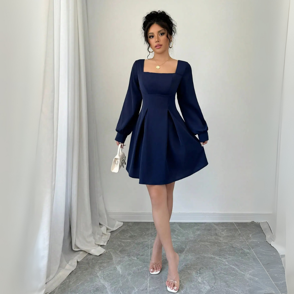 Square-Collar Waist-Cinched Long Sleeve Dress