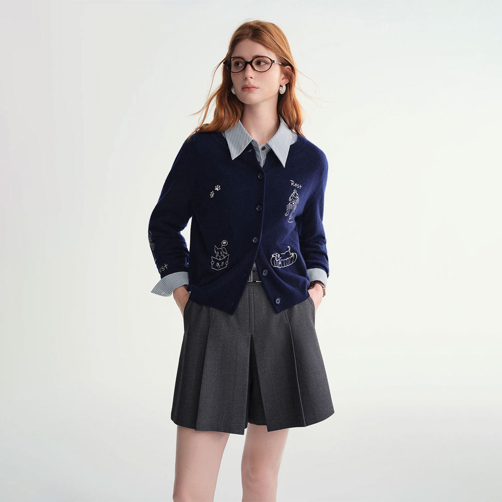 Pet-Motif Wool Knit Cardigan