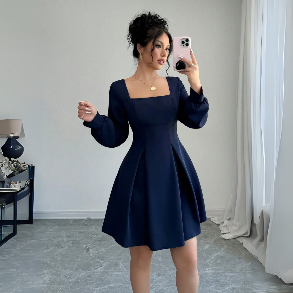 Square-Collar Waist-Cinched Long Sleeve Dress