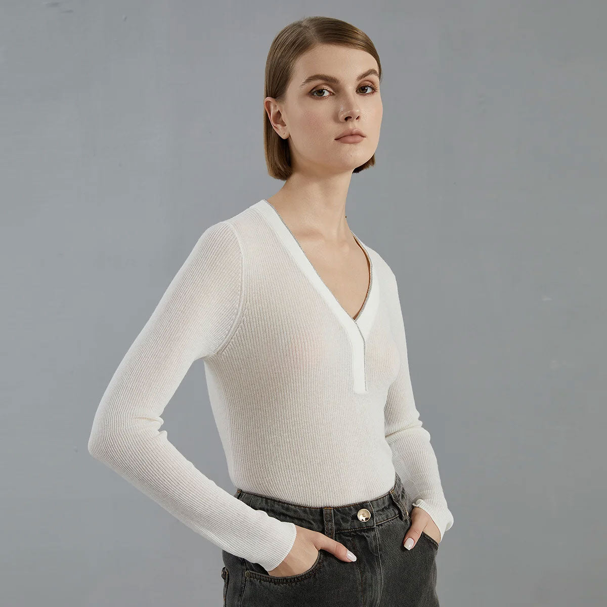 Lightweight Wool-Blend V-Neck Sweater