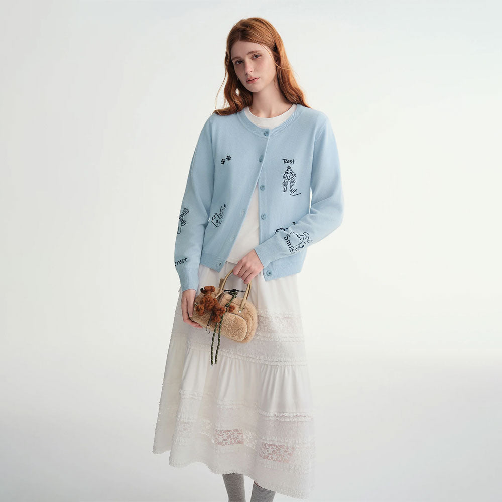 Pet-Motif Wool Knit Cardigan