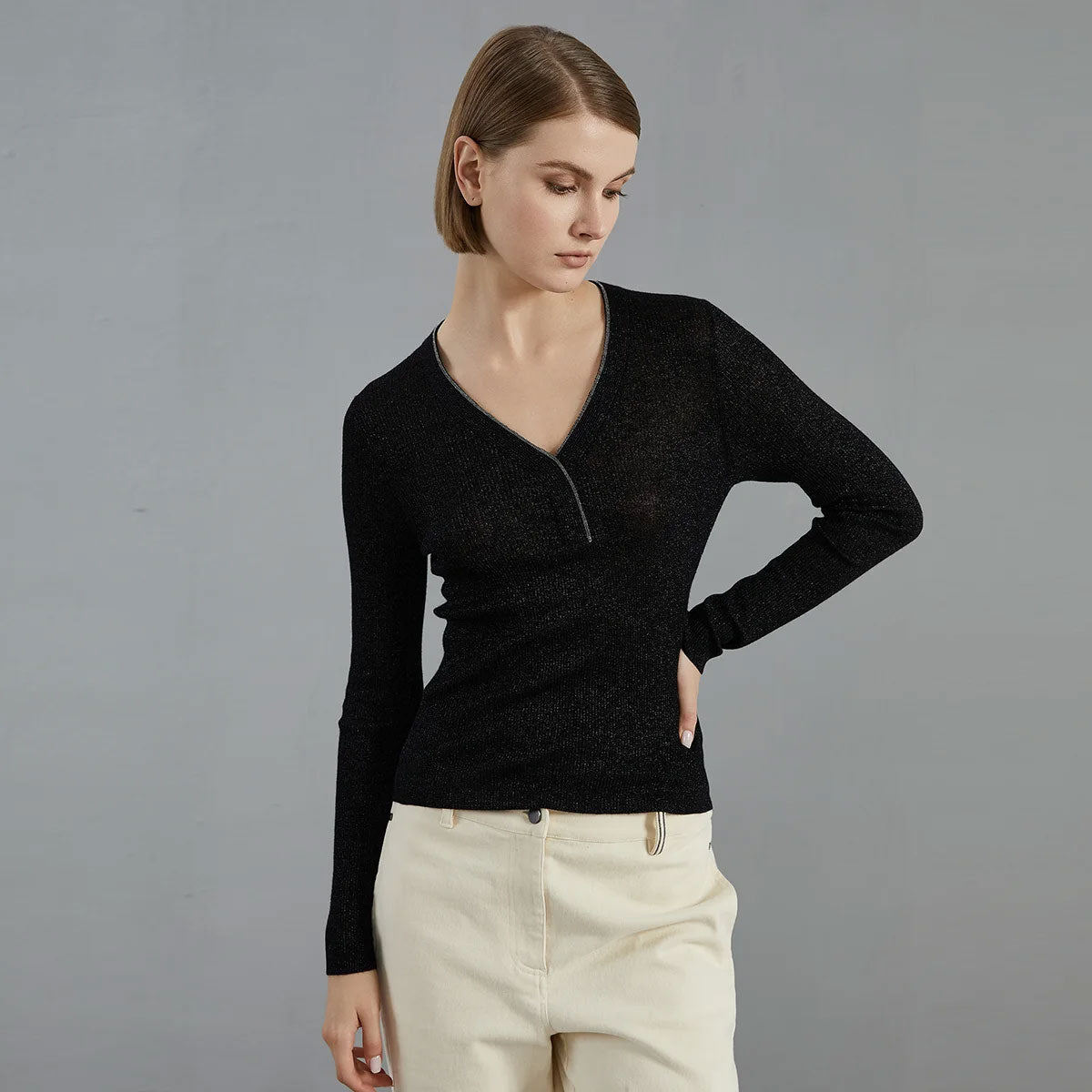 Lightweight Wool-Blend V-Neck Sweater